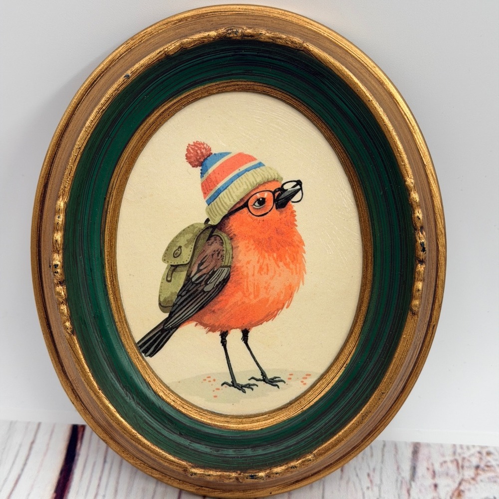 Vintage Oval Framed Bird Art Print Beanie Glasses Backpack Gold Green Frame
